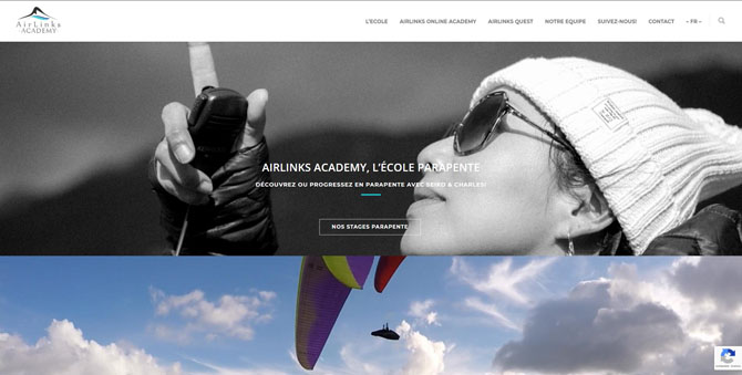 Couverture de la page d'accueil du site AirLinks Academy, école de parapente