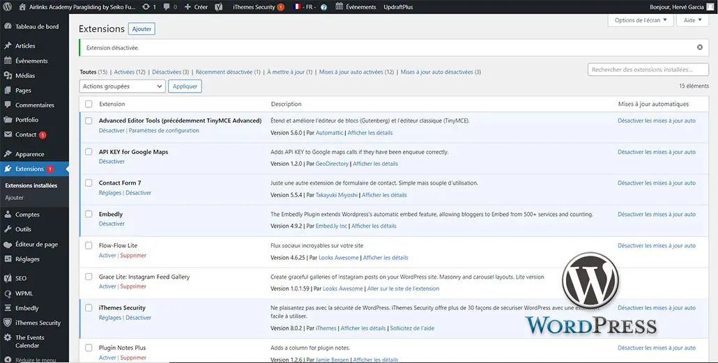 Ecran WordPress des extensions installées sur le site AirLinks Academy