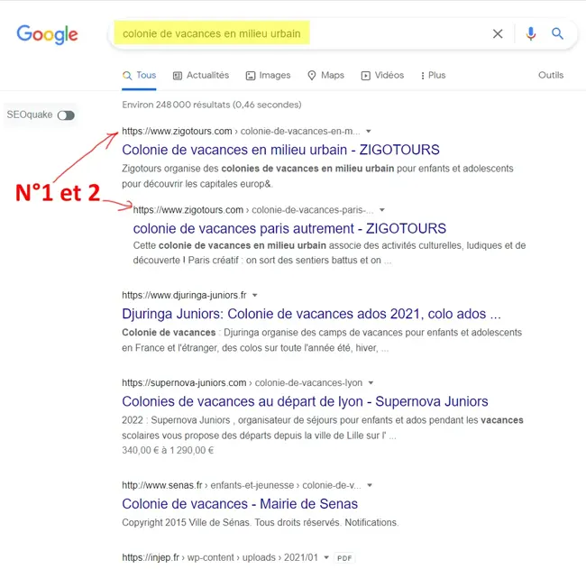 Exemple de positions 1 et 2 sur Google